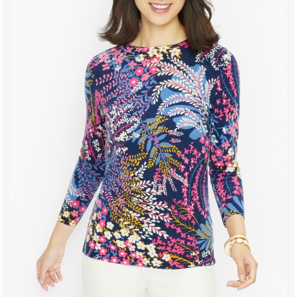Talbots Petite Pure Cashmere Floral Print Sweater Navy Pink Multicolor Womens SP